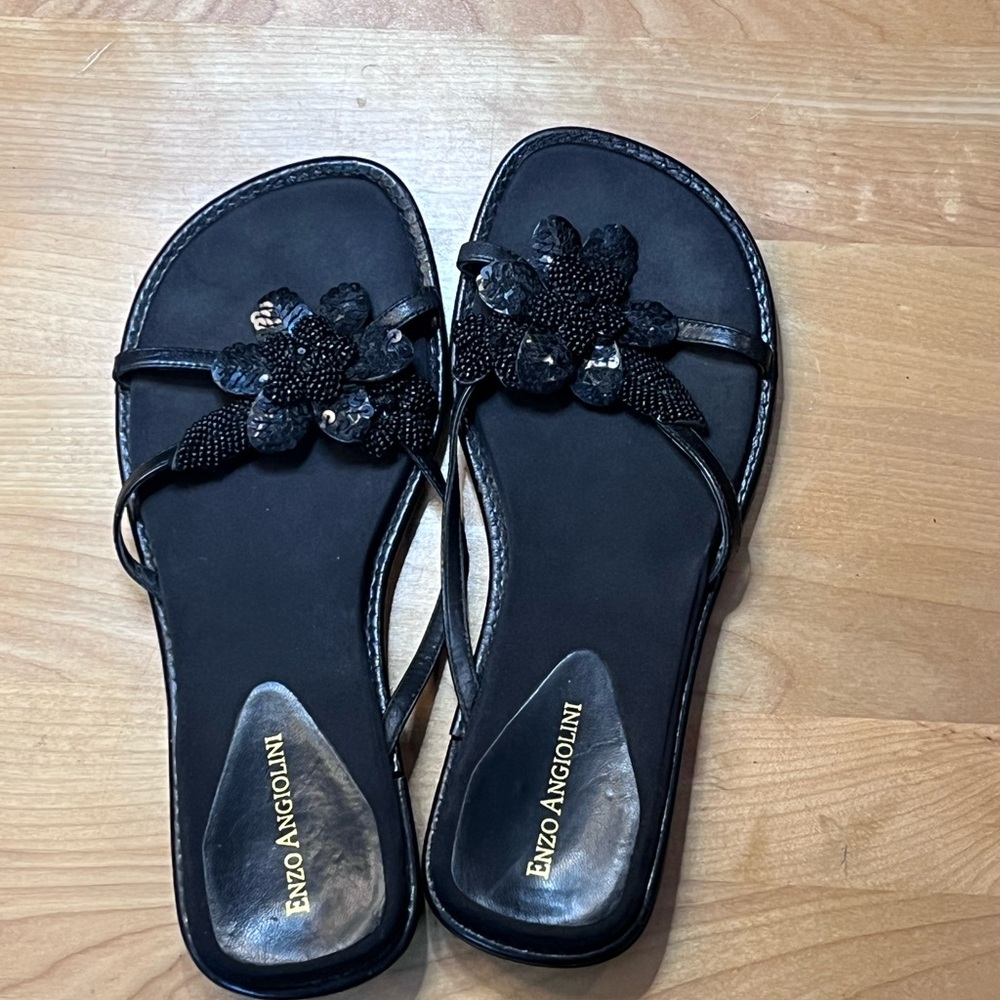 Enzo Angiolini Black Beaded Floral Strap Sandals